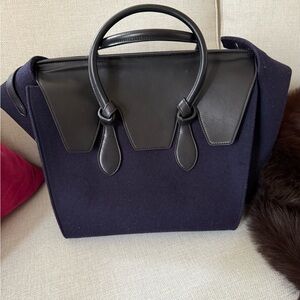 Celine Tie Knot Bag Navy Blue Wool & Black Leather